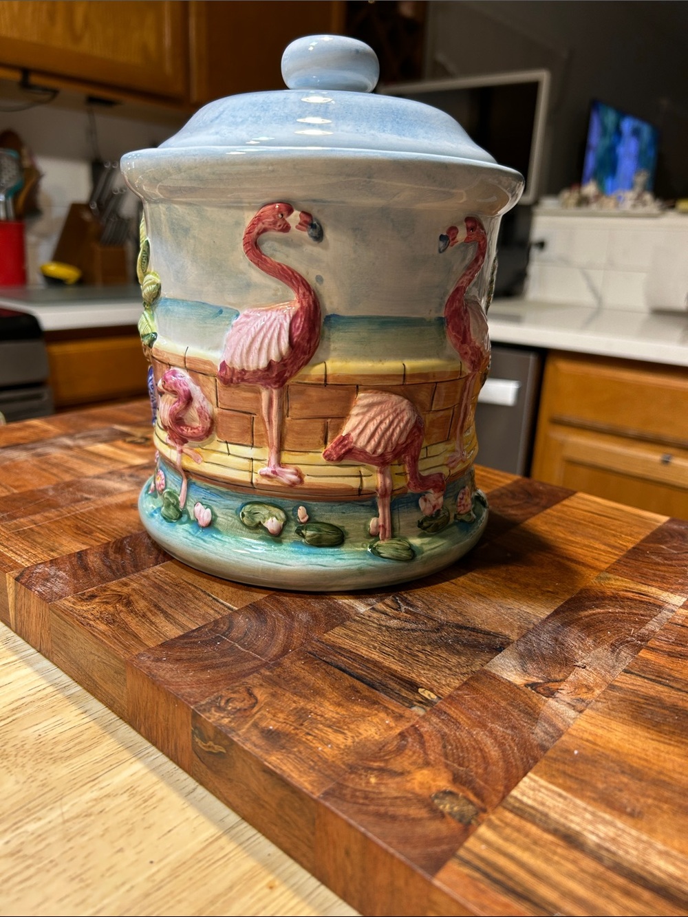 Ceramic Flamingo Canister or cookie jar- Hand-Painted Pink & Blue - Picture 2 of 12
